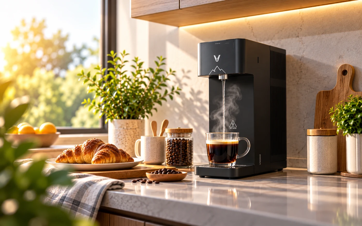 Secawan kopi hitam diisi dari VIOMI di dapur pada waktu pagi