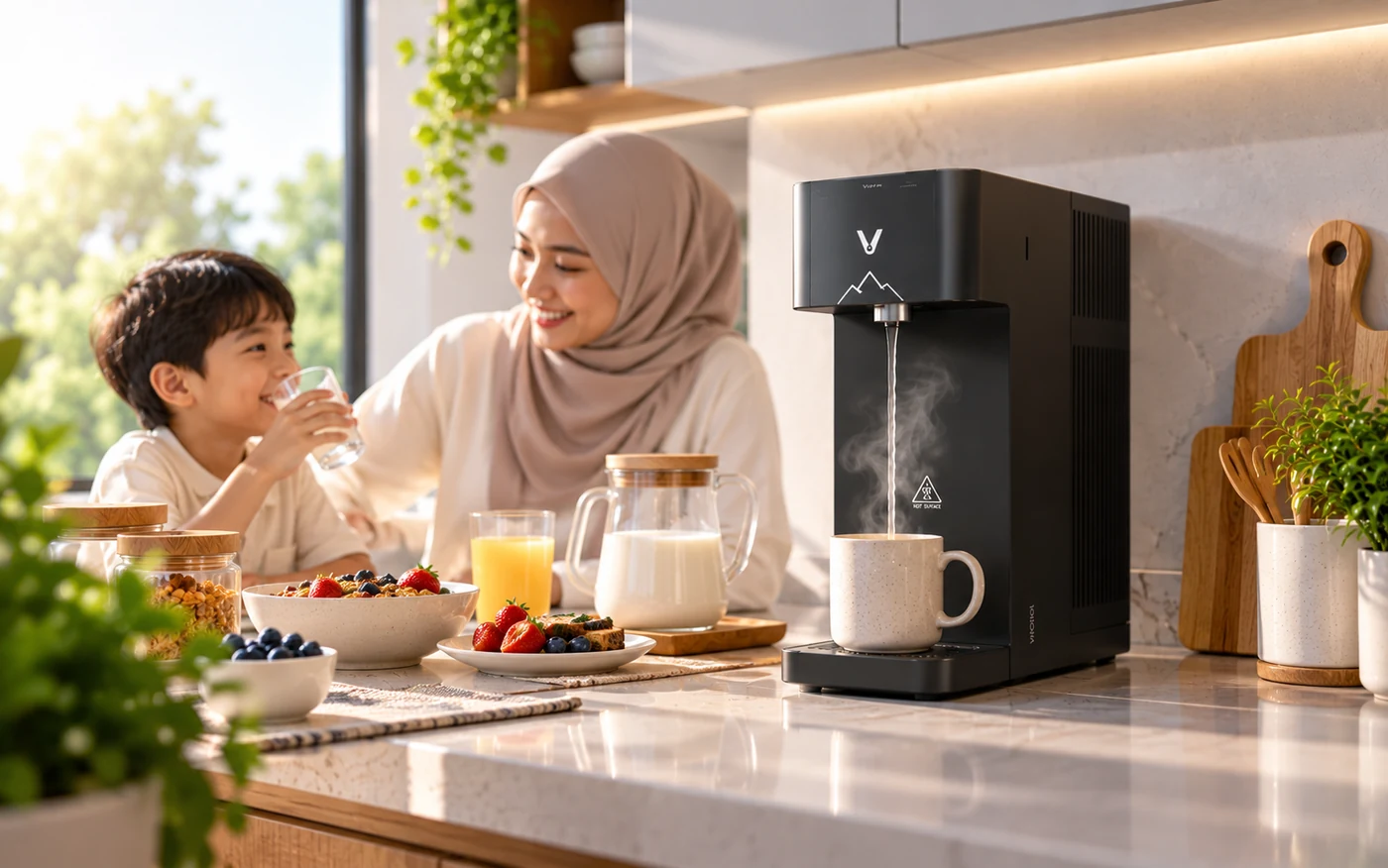 Seorang ibu dan anak lelaki menikmati minuman semasa sarapan di dapur