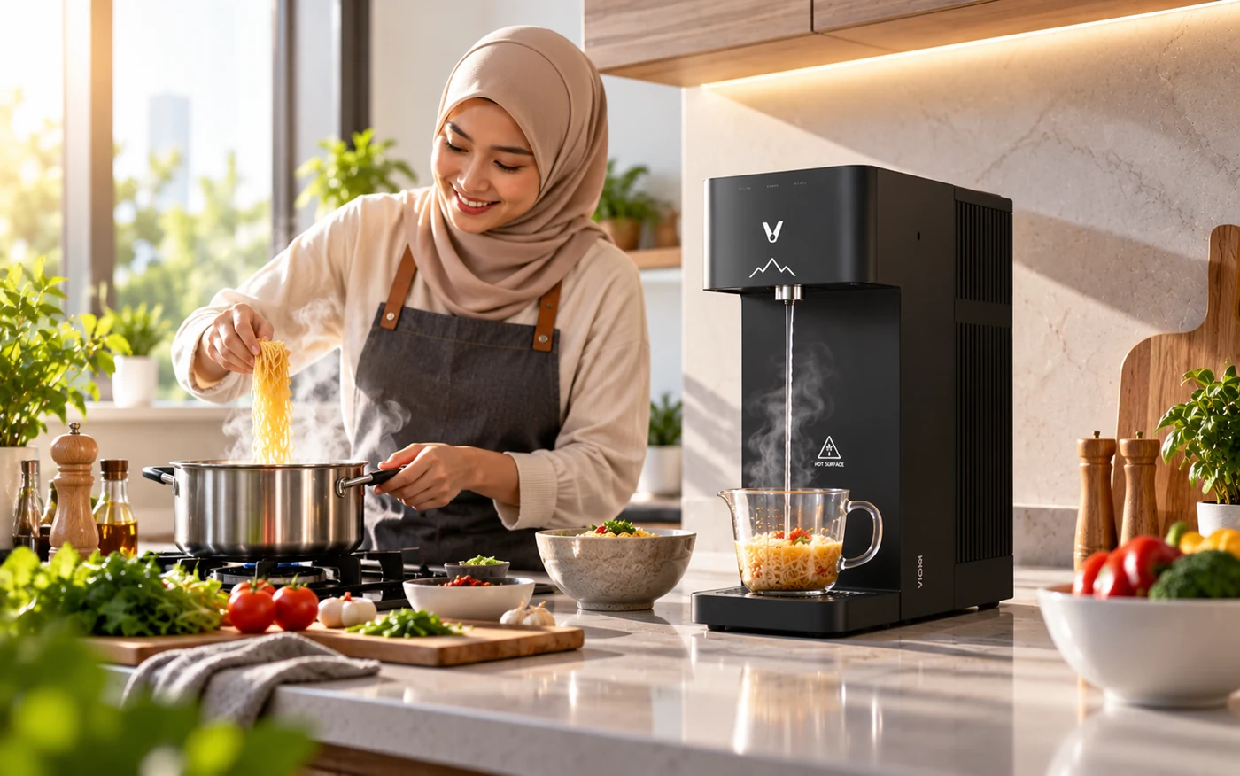 Seorang wanita memasak di dapur sambil air panas diisi dari VIOMI