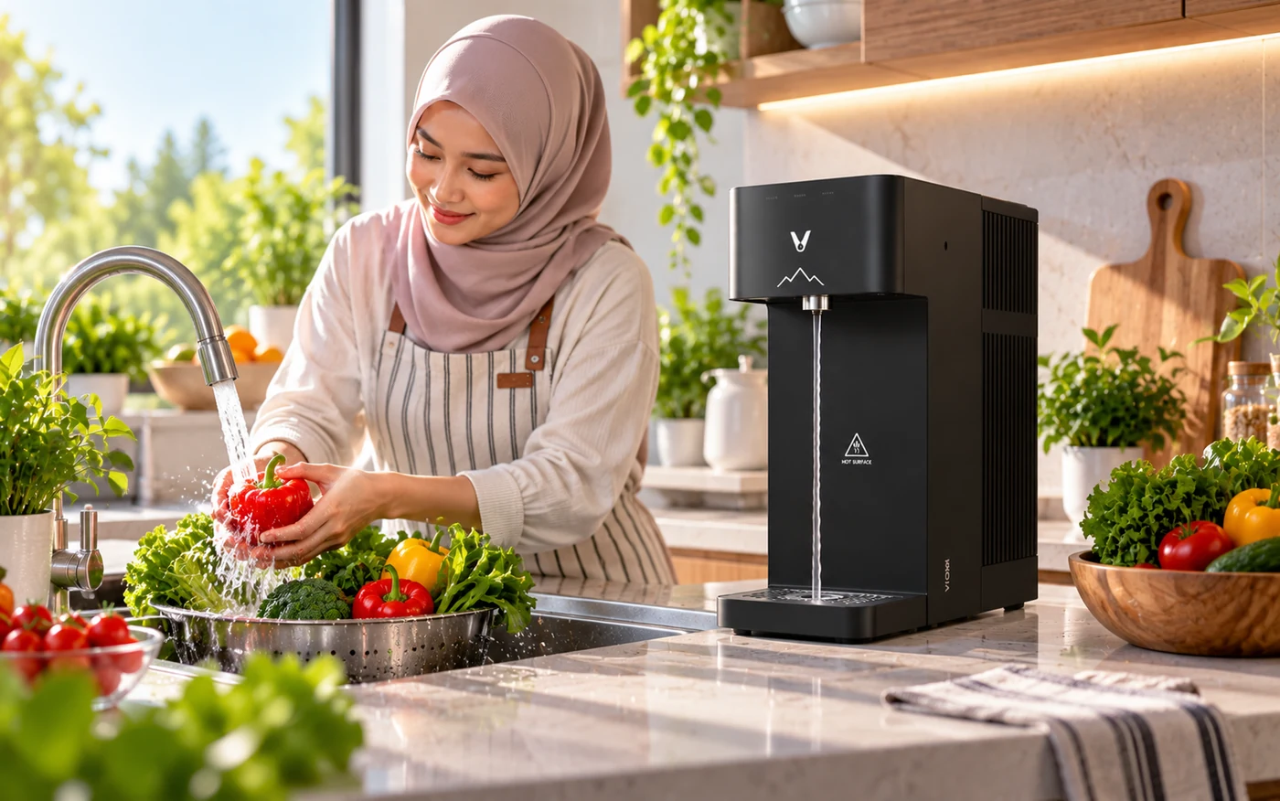 Seorang wanita membilas buah dan sayur segar di sinki dapur