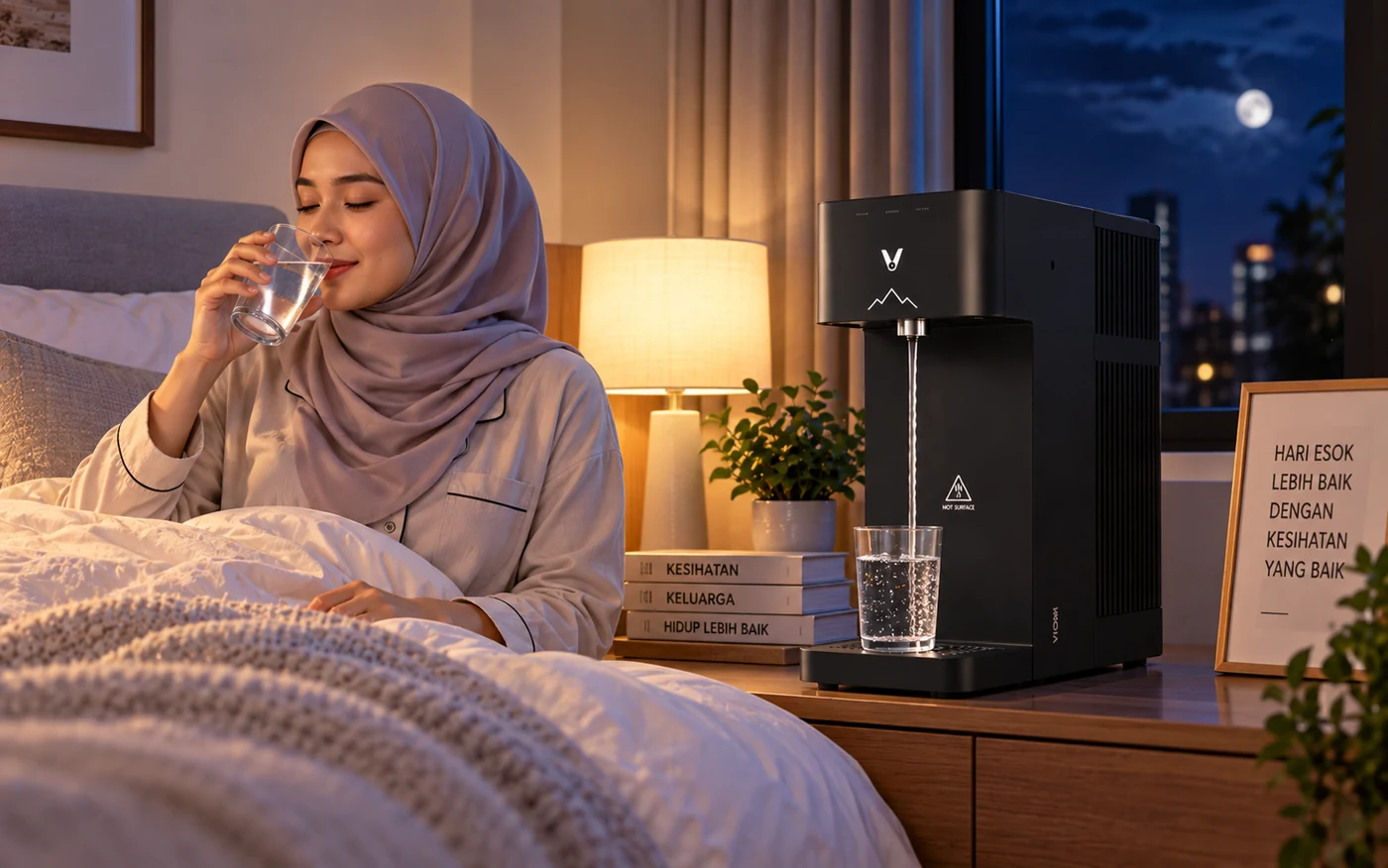 Seorang wanita minum segelas air di bilik tidur pada waktu malam
