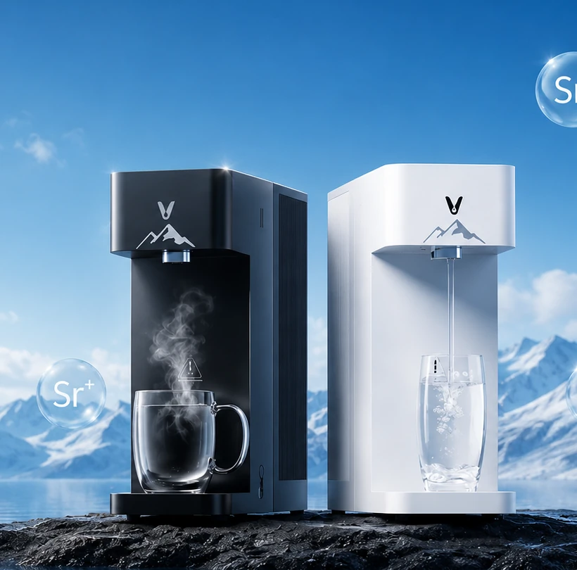 VIOMI AI Water Purifier inno dalam warna hitam dan putih di tepi tasik pergunungan