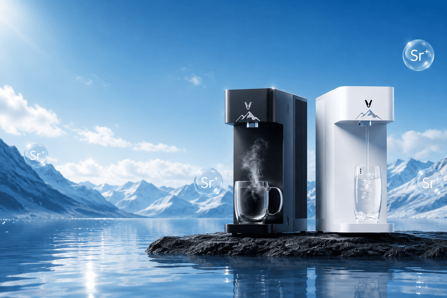 VIOMI AI Water Purifier inno dalam warna hitam dan putih di tepi tasik pergunungan