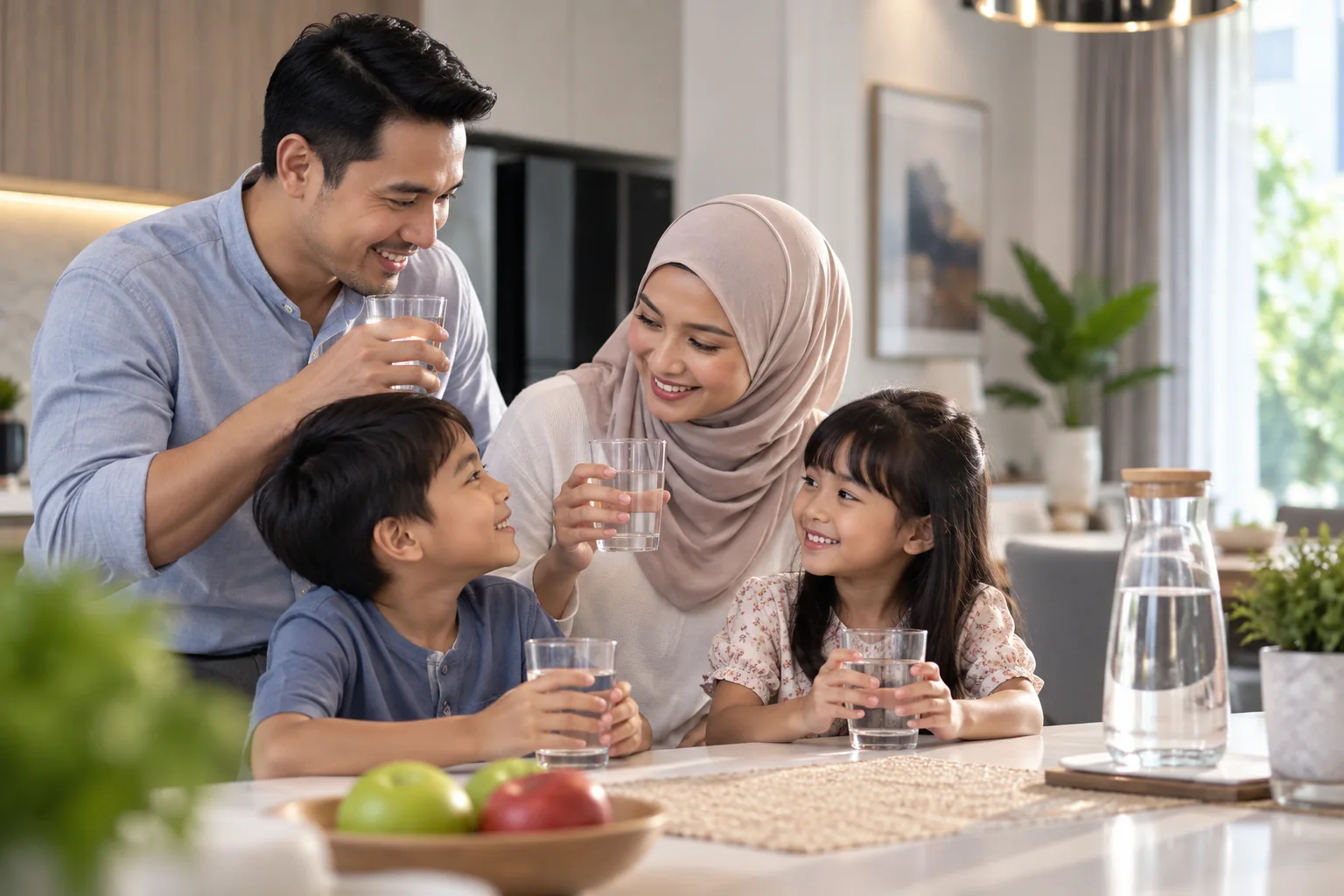 Keluarga menikmati air minuman bersama di rumah